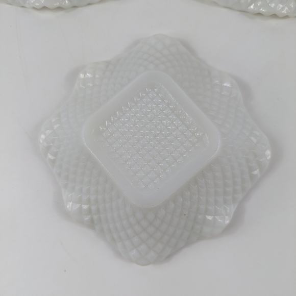 Hazel Atlas Candy Bowls Vtg Milk Glass Diamond Quilt Cut Home Decor MCM Ruffle - Picture 8 of 13